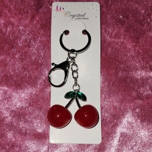 Cherry🍒 Keychain/ Bag Charm  with Sparkling Green Leaves /NWT 🍒✨️❤️